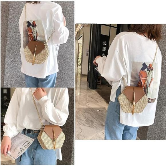 Women's Crossbody Bag Cute Straw Shoulder Bag Dark Brown - Picture 6 of 7